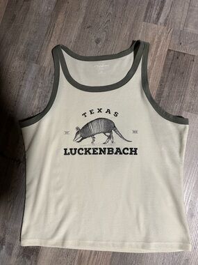 Luckenbach Texas Armadillo Ringer Tank Top - Cream with Olive Trim